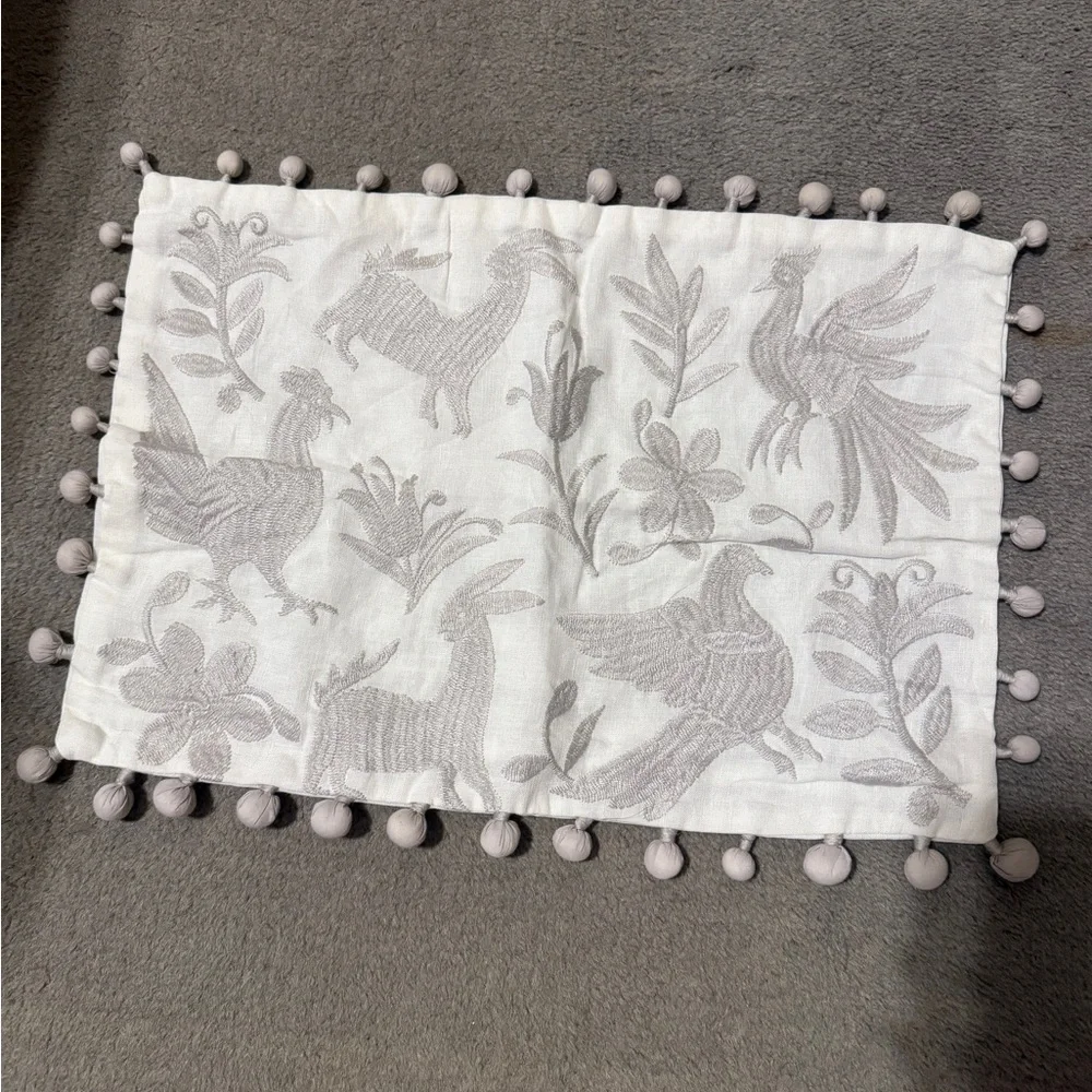 Embroidered White & Gray Decorative Pillow Cover Pom Pom Trim Animal Floral